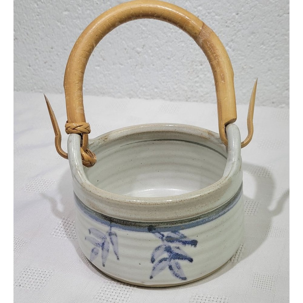 Pottery Basket Blue Leaves Bamboo Handle Planter Decor
